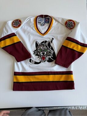 Kids White Maroon & Gold Hockey Jersey with Wolf Logo